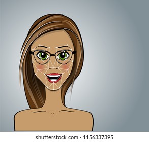 Face recognition. Futuristic and technological scanning of the face of a beautiful woman to recognize the face and the scanned person. Concept future, security, scanning