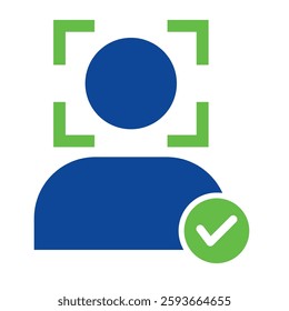 Face recognition icon with check mark sign symbol vector illustration. Concept of facial recognition, face ID system, biometric identification, face scan system. Cyber security concept.