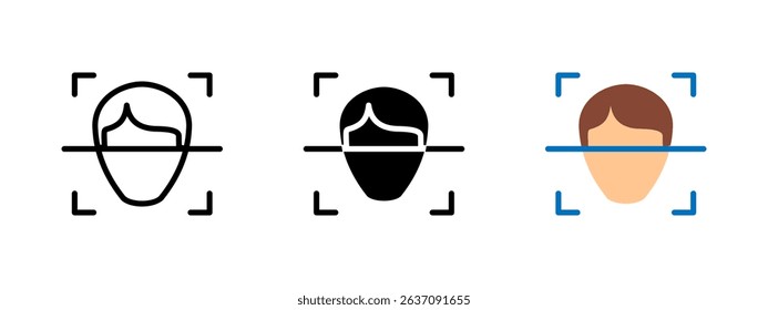 Face recognition icon. Human head scanned inside detection frame vector illustration. Used for biometric authentication and security verification symbol. Identity access sign. Digital login pictogram.