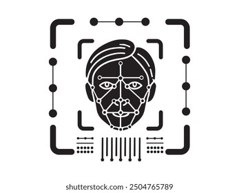 Face recognition icon, identity system recognize. Security digital scanner verification and identification.Biometric human analysis vector symbol. Machine learning systems, accurate facial recognition