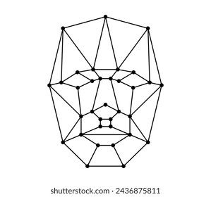 Icono de reconocimiento facial. Símbolo del sistema de escaneo de identificación biométrica facial de usuario. Concepto de placa de seguridad de identificación de persona. Modelo de alambre de estilo polígono de cabeza humana. Logotipo de eps de vector lineal en blanco y negro