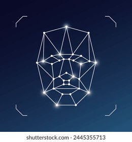 Face recognition icon. User facial biometric id scan system symbol. Person identification security badge concept. Human head polygon style wireframe. Glowing linear vector eps logo