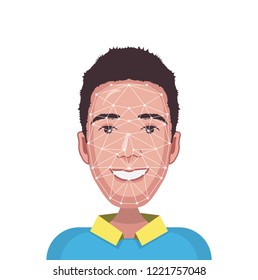 Face Recognition. Face id scan.  Man with scanning grid unlock. Vector illustration