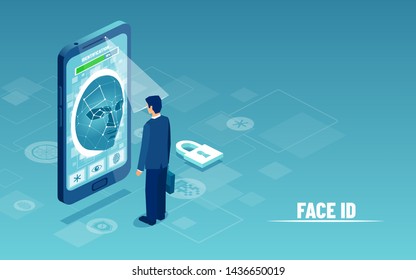Face recognition ID system concept. Vector of a businessman using smartphone camera scanner for  personal identify verification 