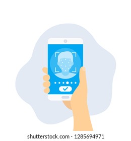 Face recognition, identification, smartphone in hand, vector