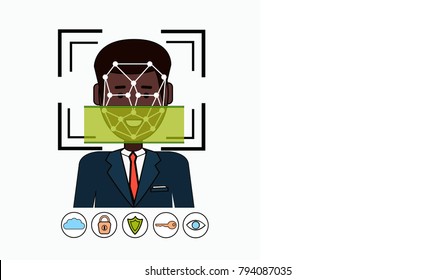 Face Recognition And Identification System Biometrical Identification African American Business Man Face Scanning Vector Illustration