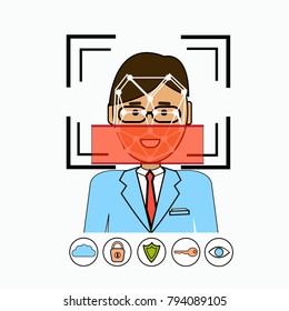 Face Recognition And Identification System Biometrical Identification Business Man Face Scanning Vector Illustration