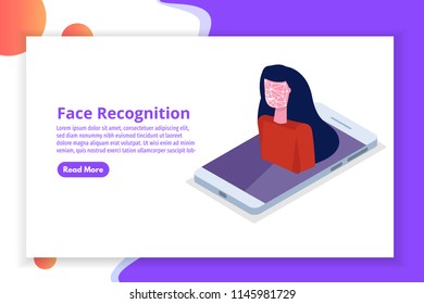 Face recognition isometric concept. Biometric identification. Vector illustration