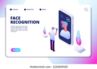 Face recognition isometric concept. Id verification smartphone scanner. Personal identify, face authentic reader vector landing page