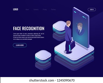 Face Recognition Isometric, Identification Id Smartphone, Face Scanner, Device Access, Data Security Dark Neon Vector