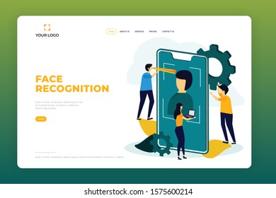 Face Recognition Landing Page Template Design. Biometric Identification Security and Facial Scanning on Smartphone. Biometric Scanning Smart System Concept. Facial Scan Editable Vector Illustration.