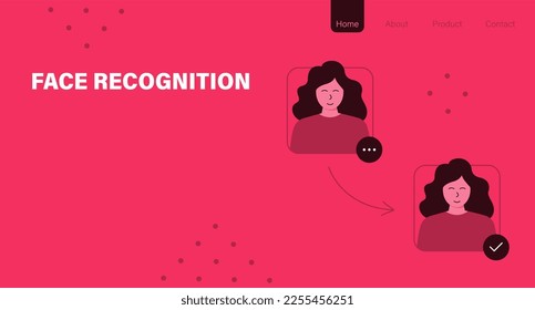 Face recognition landing page template. Red monocolor