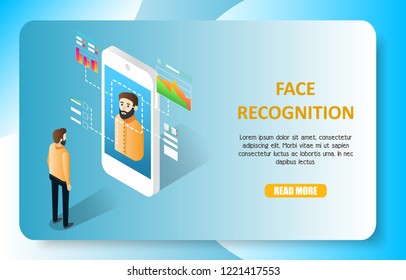 Face recognition landing page website template. Vector isometric illustration of smartphone with facial recognition app scanning person face.