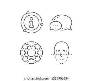 Face recognition line icon. Chat bubble, info sign elements. Faces biometrics sign. Head scanning symbol. Linear face recognition outline icon. Information bubble. Vector