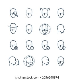 Face Recognition Line Icons. Faces Biometrics Detection, Facial Scanning And Unlock System Vector Pictograms. Facial Scan, Face Biometric Identification Illustration