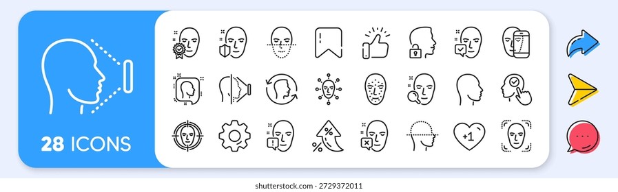 Iconos de línea de reconocimiento facial. Tasa de interés, IA generan, iconos de inflación. Conjunto de detección de biometría facial, escaneo y desbloqueo de iconos del sistema. Gammagrafía facial, Identificación, Face id. Vector