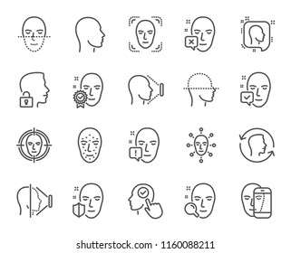 Face recognition line icons. Set of Faces biometrics detection, scanning and unlock system linear icons. Facial scan, identification and Face id symbols. Vector