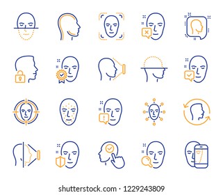 Face recognition line icons. Set of Facial biometrics detection, scanning and unlock system icons. Facial scan, identification, Face id. Confirmed person, Biometrics access, Unlock smartphone. Vector