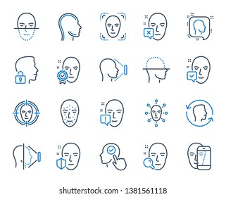 Face recognition line icons. Set of Facial biometrics detection, scanning and unlock system icons. Facial scan, identification, Face id. Confirmed person, Biometrics access, Unlock smartphone. Vector