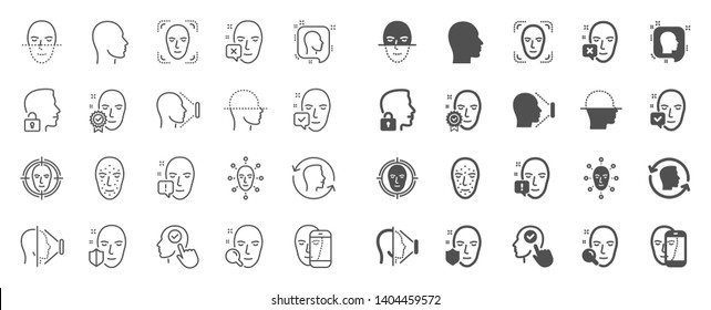 Face recognition line icons. Set of Facial biometrics detection, scanning and unlock system icons. Facial scan, identification, Face id. Confirmed person, Biometrics access, Unlock smartphone. Vector