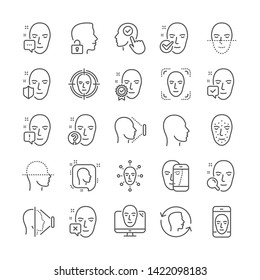 Face recognition line icons. Set of Scanning, facial biometrics detection and unlock system icons. Facial scan, identification, Face id. Confirmed person, Biometrics access, Unlock smartphone. Vector