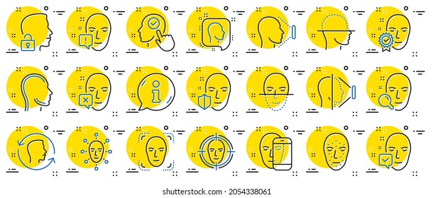 Face recognition line icons. Set of Facial biometrics detection, scanning and unlock system icons. Facial scan, identification, Face id. Confirmed person, Biometrics access, Unlock smartphone. Vector