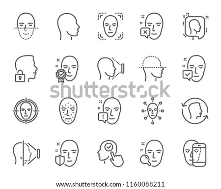 Face recognition line icons. Set of Faces biometrics detection, scanning and unlock system linear icons. Facial scan, identification and Face id symbols. Vector
