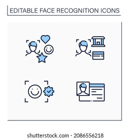 Face recognition line icons set.Identification card, emotion reader. Social media id, bank app.Identity detection concept. Isolated vector illustrations.Editable stroke