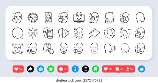 Face recognition line icons. Social media: share, comment, like icons. Set of Scanning, facial biometrics detection and unlock system icons. Facial scan, identification, Face id. Vector