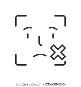 Face recognition, linear icon, face is not recognised. Scanning and facial recognition failed. Identification. Access denied. Line with editable stroke