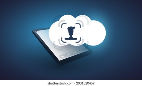 Face Recognition, Login, Facial User Authentication for Online Cloud Services - Face Symbol on a Cloud - Illegal Surveillance, Privacy Concept, Vector Illustration