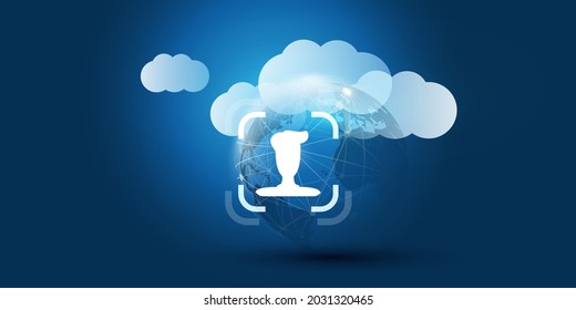 Face Recognition, Login, Facial User Authentication for Cloud, Website or an Online Service - Face Symbol on a Cloud and Polygonal Mesh - Illegal Surveillance, Privacy Concept, Vector Illustration