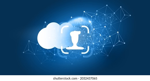 Reconocimiento facial, inicio de sesión, autenticación facial del usuario para la nube, sitio web o servicio en línea - Símbolo facial en una nube y malla poligonal - Vigilancia ilegal, concepto de privacidad, ilustración vectorial