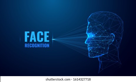 Plantilla vectorial de banner de marco alambres de bajo nivel de reconocimiento facial. Tecnología informática futurista, diseño polígonal de carteles de sistemas de identificación inteligente. Imagen de malla 3d escaneada facial con puntos conectados