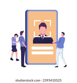 Face recognition, man holds a phone in his hand and use face verivication detector flat vector illustration 