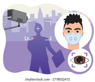 Face recognition of a man in face mask as a concept of CCTV cameras in the city, id, 4k face scanning, people search. Flat vector stock illustration with silhouette of offender and cctv camera