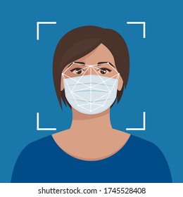 Face Recognition In Mask. Woman Faces Scanning In 2020 Year. Vector Illustration