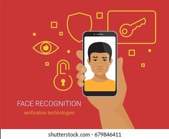 Reconocimiento facial e identificación móvil. Ilustración vectorial plana del joven africano desbloqueando su smartphone con tecnología de reconocimiento facial. Mano humana sostiene teléfono móvil con cara masculina en la pantalla