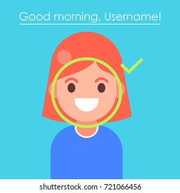 Face recognition and mobile identification.  Young woman unlocking her smartphone, or app. Vector flat illustration