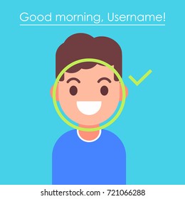Face recognition and mobile identification.  Youngman unlocking her smartphone, or app. Vector flat illustration