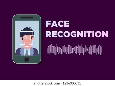 Face recognition. Mobile phone with program of face recognition on the screen. Vector illustration.
