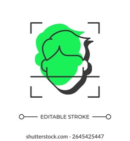 Ícone de linha de sombra de deslocamento de reconhecimento facial. Analisando características faciais. Tecnologia de identificação pessoal. Símbolo de contorno em negrito com preenchimento verde sólido. Ilustração plana moderna. Traçado editável