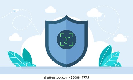 Face recognition on shield. Protection secure login. Security and privacy biometric authorization symbol. Biometric identification, face scan system. Cyber security concept. Vector illustration