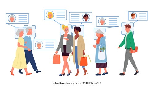 Face Recognition For People On City Street Vector Illustration. Cartoon Isolated Diverse Group Of Young And Old, Female And Male Characters Walking In Crowd, Profile Identification Over Heads