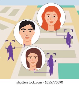 Face recognition, people on the map. Flat vector stock illustration. Face recognition, face scanning technologies. The concept of identification, recognition. Identifying people on the map