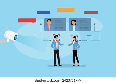 Tecnologías de reconocimiento facial e identificación personal en cámaras de vigilancia callejera ilustración plana 2d vectorial