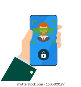 face recognition phone in hand in flat style
