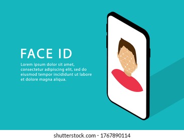 Reconocimiento facial por teléfono. ID de la cara. Persona de identificación. Isometric. Páginas web modernas.