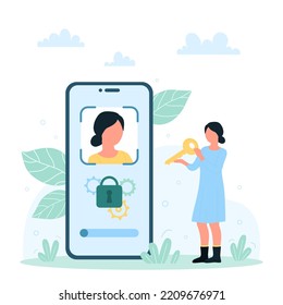 Reconocimiento facial para la ilustración del vector de teléfono, ID y privacidad. Pequeña mujer caricaturista con llave para bloquear la pantalla del smartphone para acceder a la cuenta de usuario con información personal, aplicación móvil