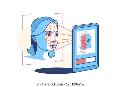 Reconocimiento facial e ilustración vectorial de exploración. Autenticación de acceso móvil aprobada o desaprobada estilo plano. Protección de cifrado personal. Concepto de cara a cara. Aislado sobre fondo blanco